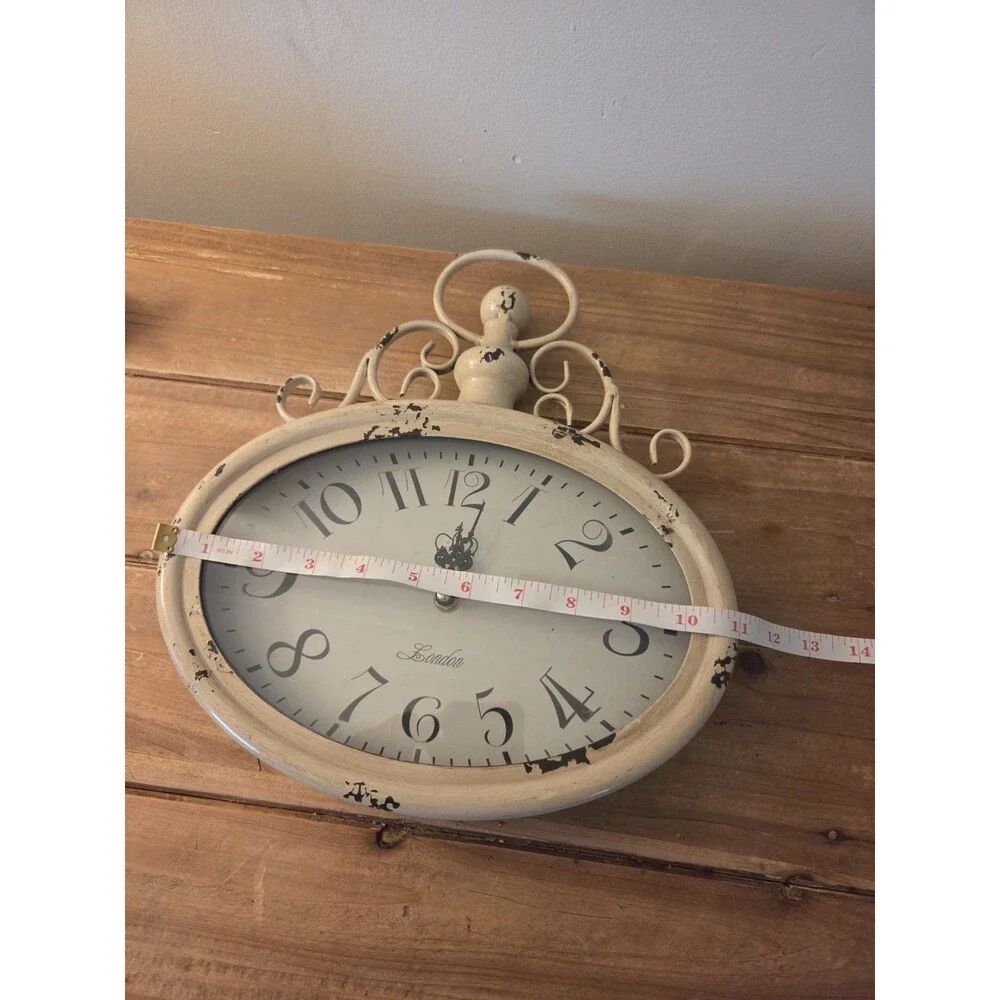 Vintage Style London Oval Wall Clock Distressed Cream White Metal Shabby Chic
